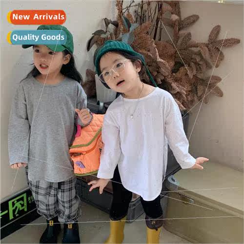 Childrens clothing men and girls loose solid color round nec