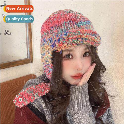 Hat womens autumn and winter hand-knitted rainbow ear protec