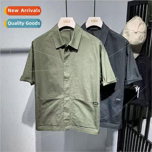 Hong Kong  solid color shirt mens short-sleeved summer retro