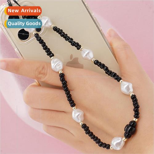 New cell phone lanyard black rice beads white imitation pear