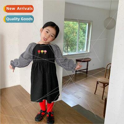 Plaid splicing embroidery childrens dress Korean spring and