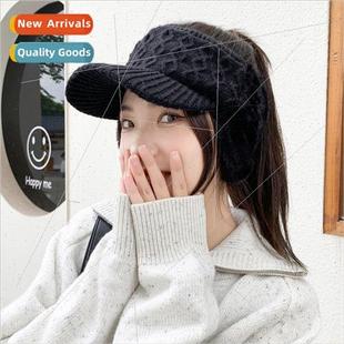 the fall girls can winter cap and ponytail Wool tie hollow