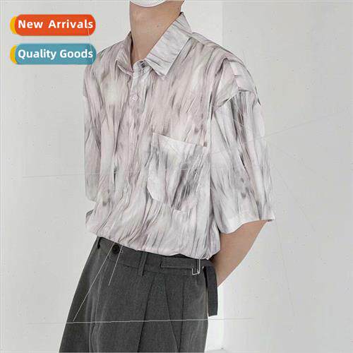 Tie-dye gradient short-sleeved floral shirt mens summer Kore