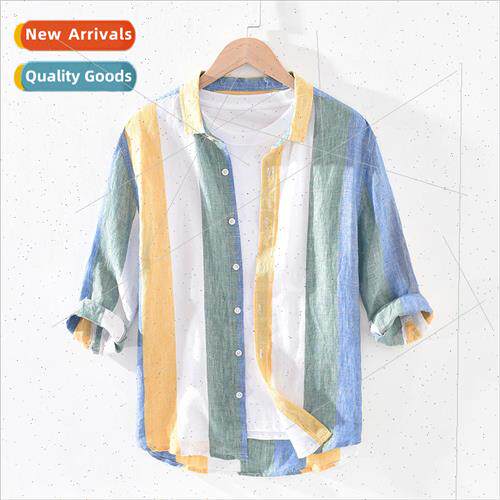 2021 striped linen shirt men 7 seven-minute sleeve summer Ja