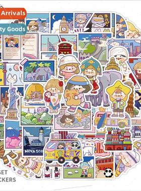 50 self-created cute travel diary cartoon stickers decorativ