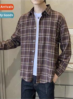 Japanese 2021 loose mens plaid long-sleeved shirt spring and