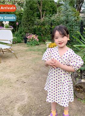 Girls Polka Dot Bubble Sleeve Tie Waist Dress 2022 Summer Ne