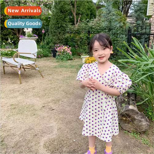 Girls Polka Dot Bubble Sleeve Tie Waist Dress 2022 Summer Ne