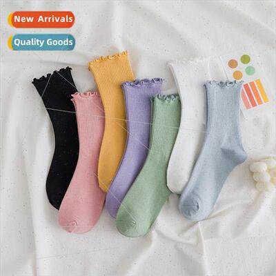 New fall and winter wooden ear edge socks solid color cotton