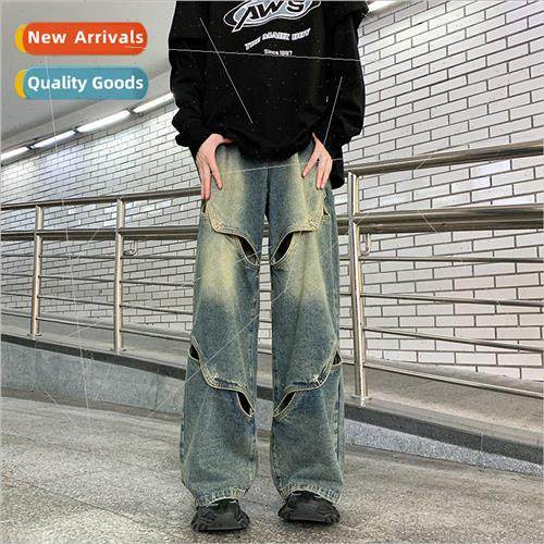 Design sense button wide-legged jeans men spring and fall hi