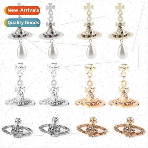 West Queen Saturn pearl earrings creative alloy three-dimens