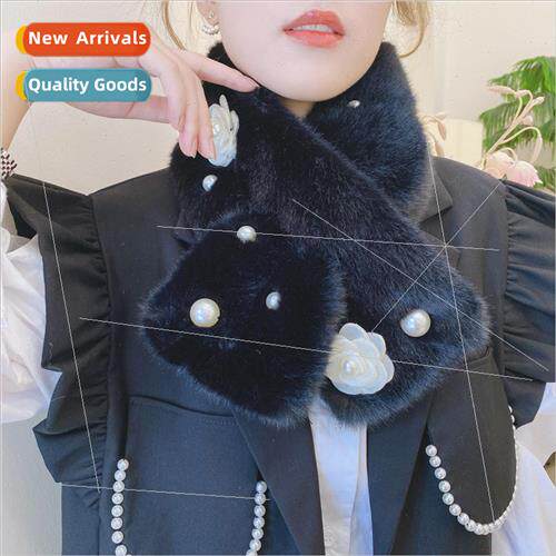 2023 plush scarf female winter days Korean pearl flowers sho