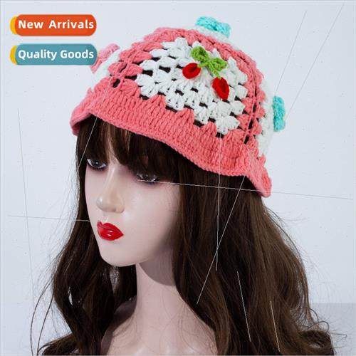 Japanese retro hollow flowers hand-knitted pot hat female fa