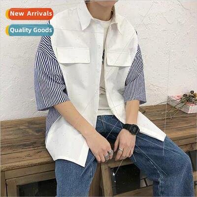 Striped ins splicing seven-minute sleeve shirt mens Japanese