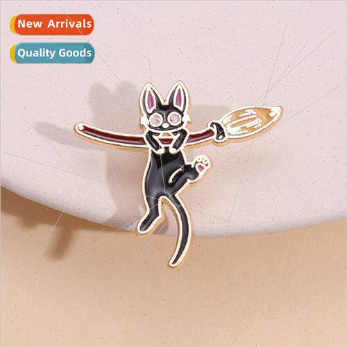 Cartoon Anime Style Brooch Riding Broom Cat Metal Badge Cost