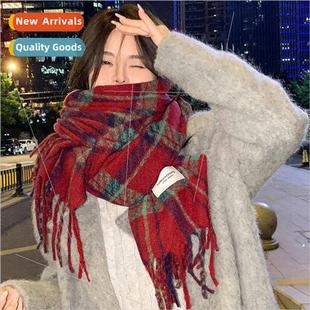 scarf female retro new hobb warm plaid thickened 2023 winter