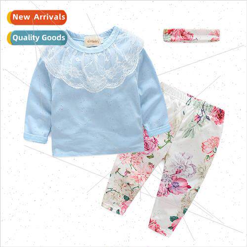 Girls fall baby lace lace round neck top floral bottoms hair
