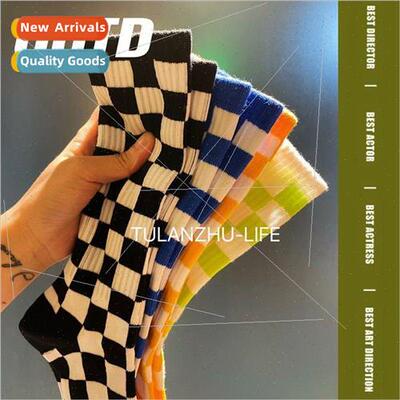Checkerboard socks spring autumn and winter colorful cotton