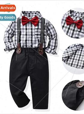 Childrens plaid shirt suit suit back pants per适用mance clot