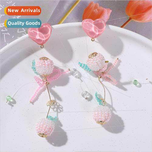 Sweet girl pink gradient bow peach earrings diy braided bead