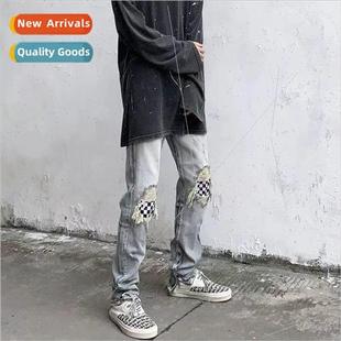 summer burlap pants straight high denim mens nine Retro hole