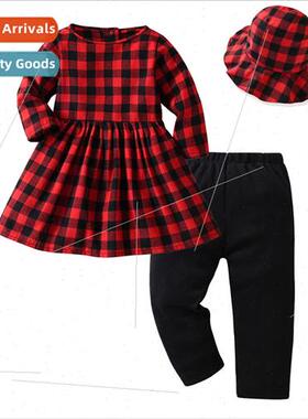 New fall red and black check girls long-sleeved dress tight