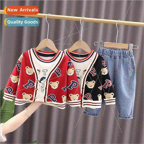 2023 spring new cute bear cardigan three-piece boys clothes