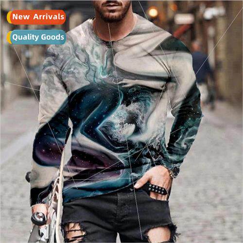 2021 new round neck printed long-sleeved T-shirt mens set ti