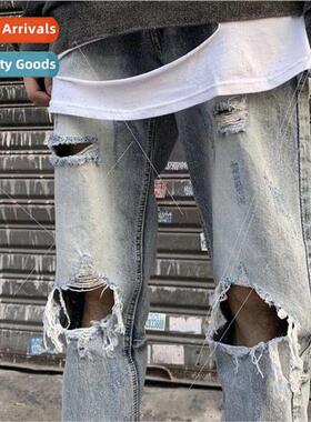 2021 summer washed hole jeans patch plaid pants Slim small f