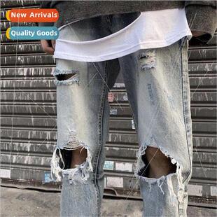 2021 summer washed hole jeans patch plaid pants Slim small f