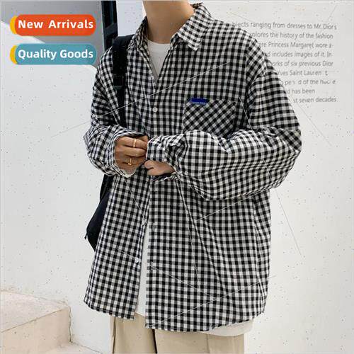 Plaid shirt mens long-sleeved Hong Kong  Japanese casual clo