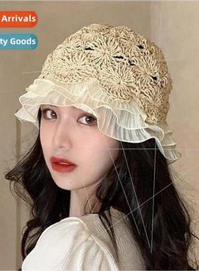 Spring and summer Japanese chiffon lace edge straw hat splic
