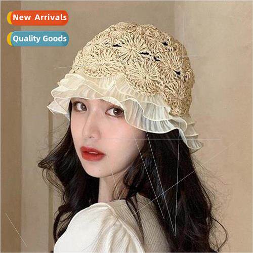 Spring and summer Japanese chiffon lace edge straw hat splic