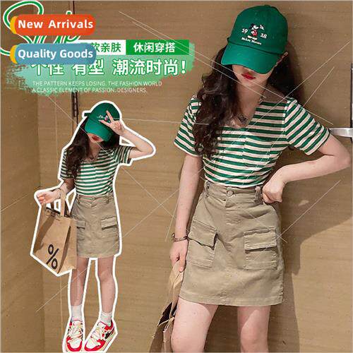 Childrens clothing girls fashion suit girls V-neck striped T