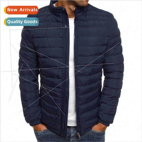 2022 Winter Mens Standing Collar Cotton Coat Solid Color Cas