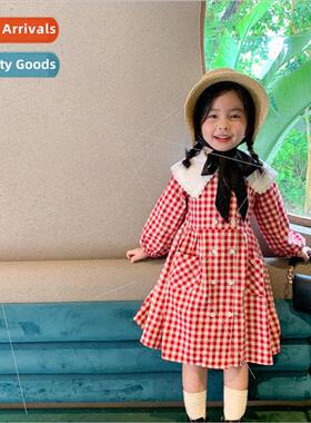 20 fall new temperament lady lapel plaid dress Korean girls