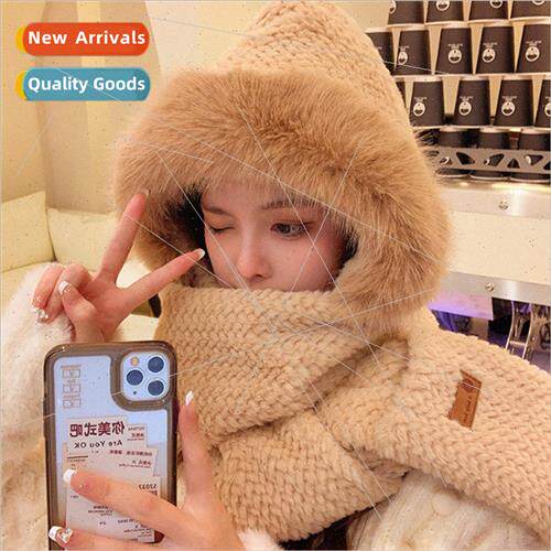 Winter new Korean cute plush hat scarf three-piece all-in-on