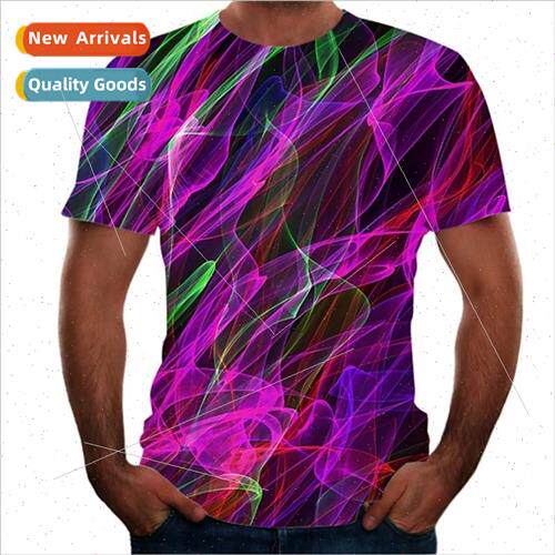 Mens 3D color lines short sleeve printed mens T-shirt