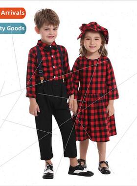 Christmas childrens clothing new sibling suit fall plaid shi