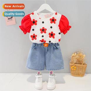 new short two shorts denim top floral sleeved girls Summer
