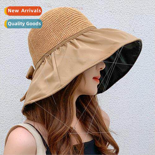 Summer vinyl bow sun hat female hollowed straw hat UV large