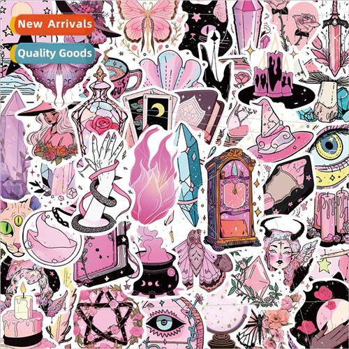 50 Pink Witch Doodle Stickers Decoration Handbook Guitar gga
