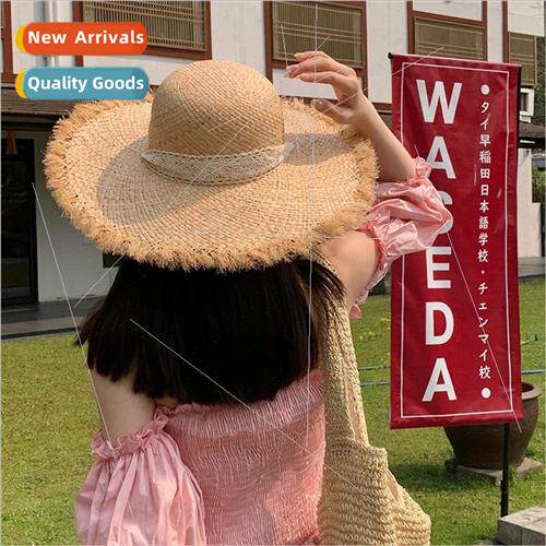 Large brim raffia straw hat female lace tie vacation burlap
