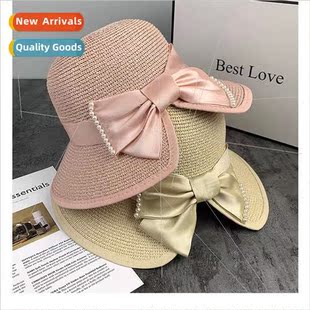 straw hat vacation Spring pearl summer bow Korea and