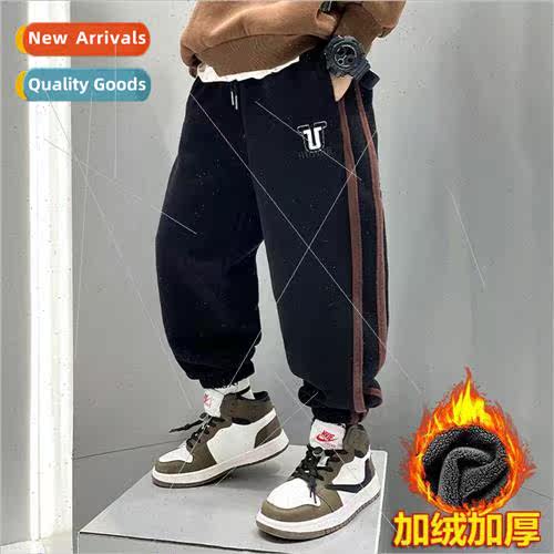 Boys one-piece fleece sweatpants winter thickened 2022 new b