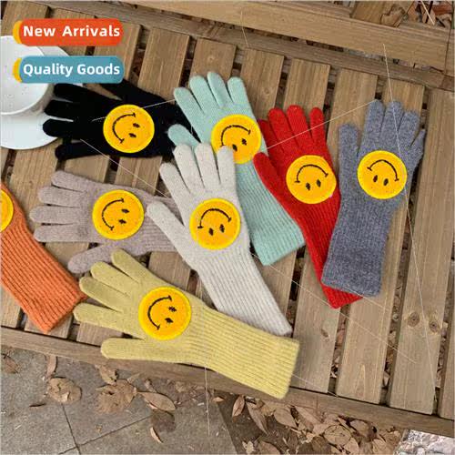 Woolen knitted long gloves winter female Korean cute smiley