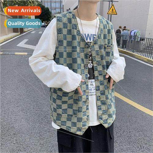 Plaid vest mens ins workwear undershirt summer retro Hong Ko