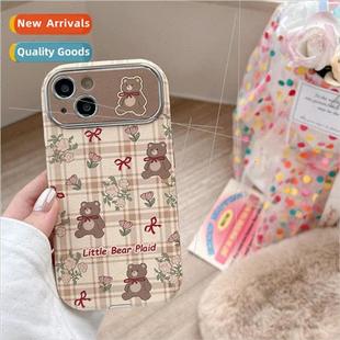 iPhone plaid 15ProMax new 适用 bear flowers ins Korean
