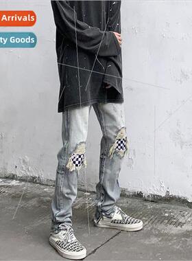 2021 summer washed hole jeans patch plaid pants Slim small f