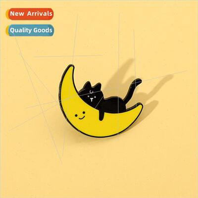 Cute cartoon cat brooch sleeping on the moon black cat metal